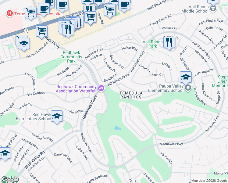 map of restaurants, bars, coffee shops, grocery stores, and more near 32495 Vail Ranch Parkway in Temecula