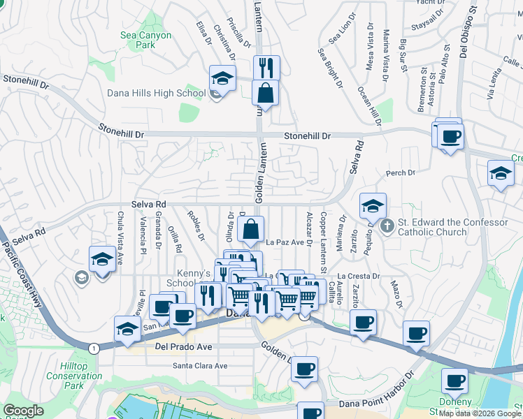 map of restaurants, bars, coffee shops, grocery stores, and more near 33752 Golden Lantern in Dana Point