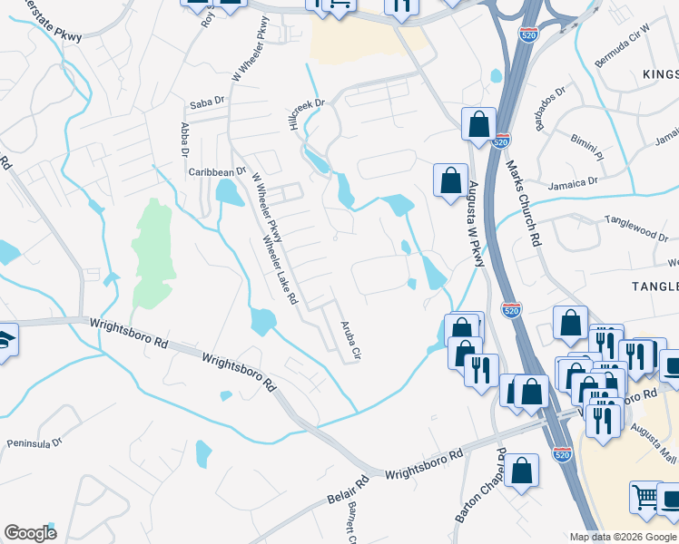 map of restaurants, bars, coffee shops, grocery stores, and more near 1199 Brookstone Way in Augusta