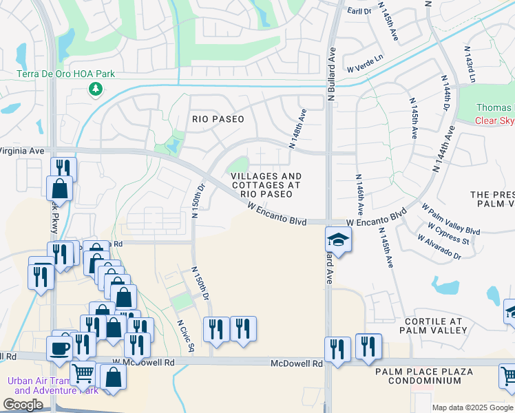 map of restaurants, bars, coffee shops, grocery stores, and more near 14965 West Encanto Boulevard in Goodyear