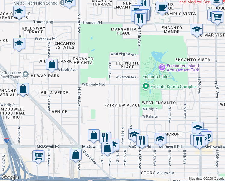map of restaurants, bars, coffee shops, grocery stores, and more near 2242 North 17th Avenue in Phoenix