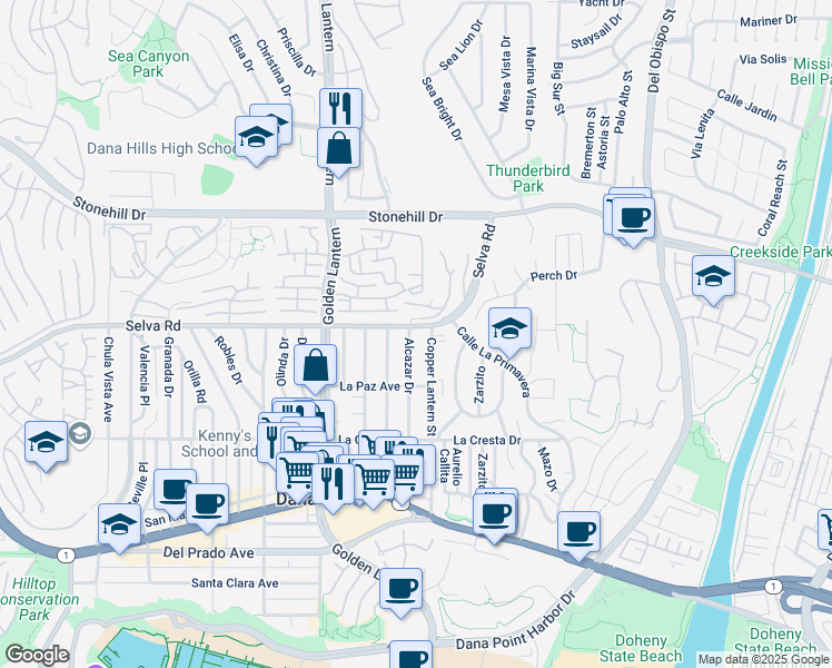map of restaurants, bars, coffee shops, grocery stores, and more near 33752 Alcazar Drive in Dana Point
