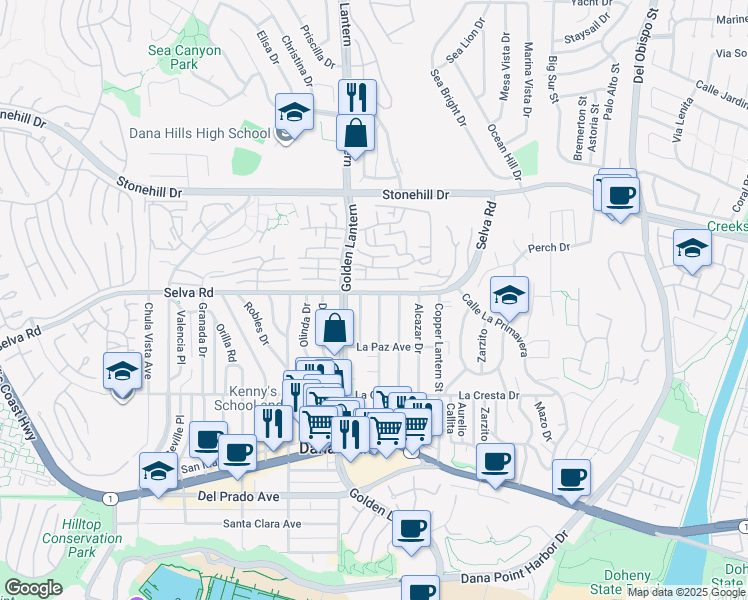 map of restaurants, bars, coffee shops, grocery stores, and more near 33751 Silver Lantern Street in Dana Point