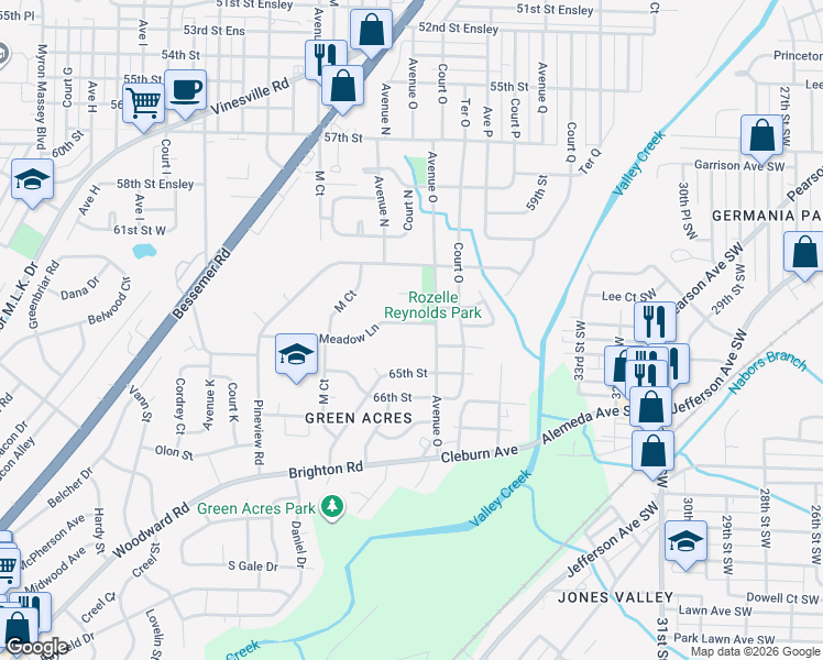 map of restaurants, bars, coffee shops, grocery stores, and more near 1413 Meadow Lane in Birmingham