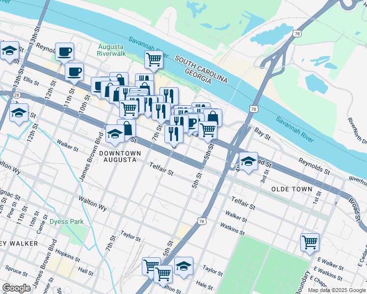 map of restaurants, bars, coffee shops, grocery stores, and more near 542 1/2 Ellis Street in Augusta
