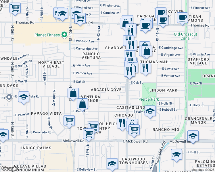 map of restaurants, bars, coffee shops, grocery stores, and more near 2252 North 44th Street in Phoenix