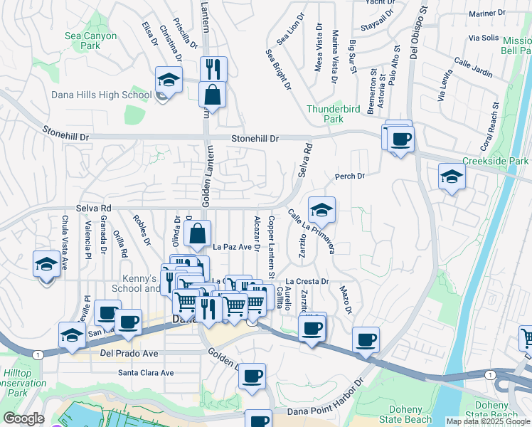 map of restaurants, bars, coffee shops, grocery stores, and more near 33751 Copper Lantern Street in Dana Point