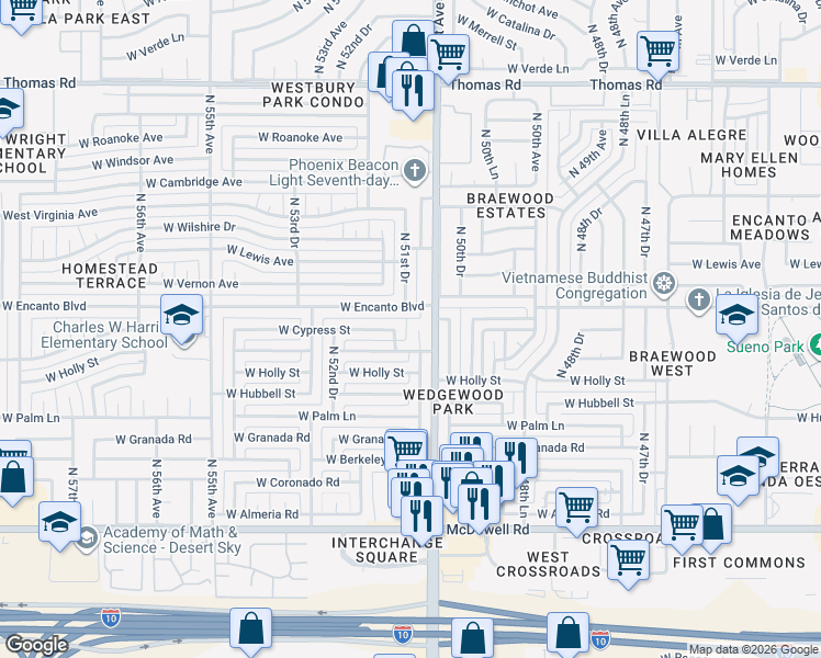 map of restaurants, bars, coffee shops, grocery stores, and more near 2218 North 51st Drive in Phoenix