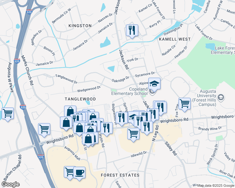 map of restaurants, bars, coffee shops, grocery stores, and more near 3316 Ridgeway Court in Augusta