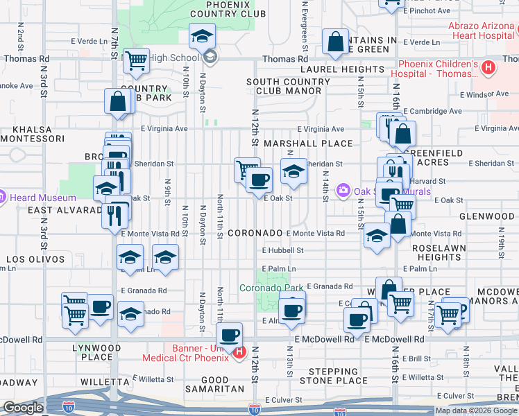 map of restaurants, bars, coffee shops, grocery stores, and more near 2235 North 12th Street in Phoenix