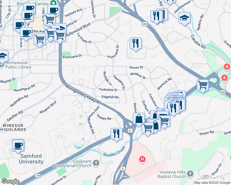 map of restaurants, bars, coffee shops, grocery stores, and more near 201 Yorkshire Drive in Birmingham
