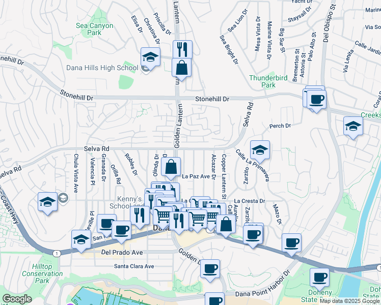 map of restaurants, bars, coffee shops, grocery stores, and more near 33752 Silver Lantern Street in Dana Point
