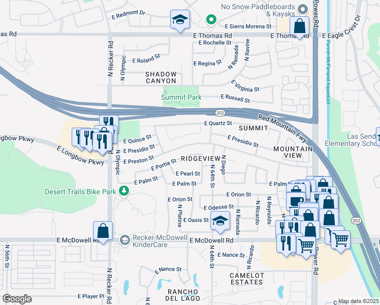 map of restaurants, bars, coffee shops, grocery stores, and more near 6310 East Portia Street in Mesa