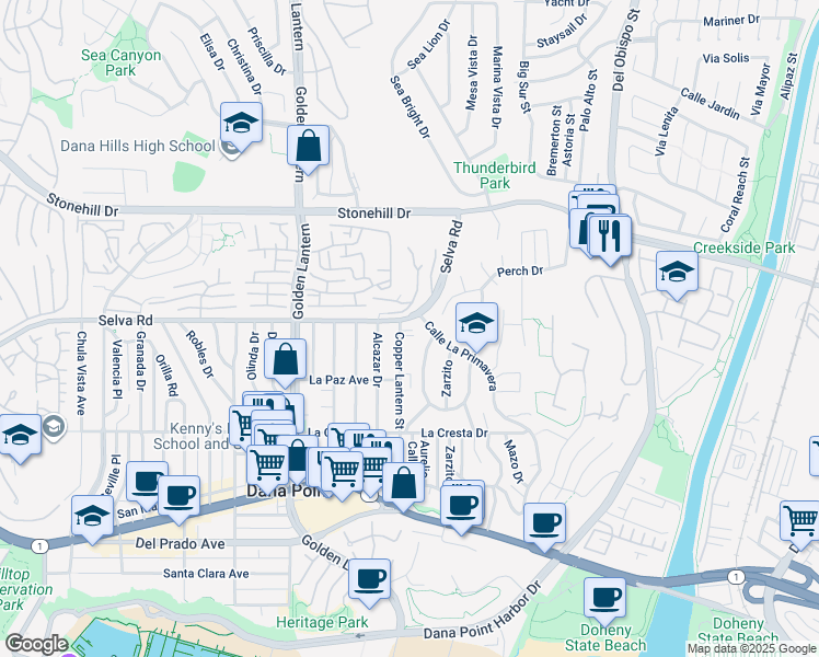 map of restaurants, bars, coffee shops, grocery stores, and more near 33758 Copper Lantern Street in Dana Point