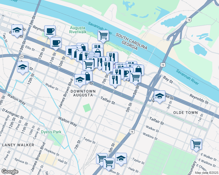 map of restaurants, bars, coffee shops, grocery stores, and more near 619 Greene Street in Augusta