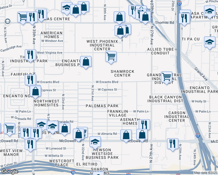 map of restaurants, bars, coffee shops, grocery stores, and more near 2946 West Cypress Street in Phoenix