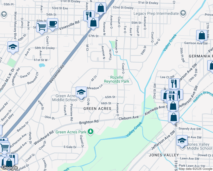 map of restaurants, bars, coffee shops, grocery stores, and more near 1401 Meadow Lane in Birmingham