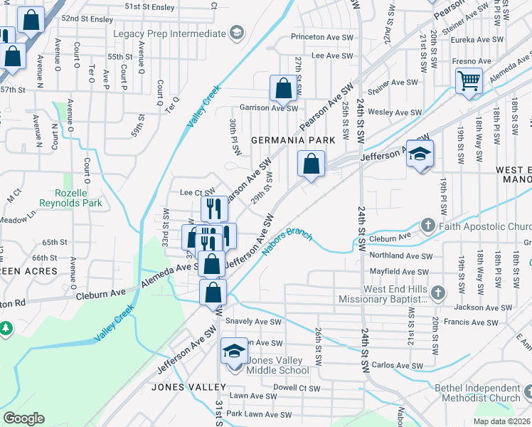 map of restaurants, bars, coffee shops, grocery stores, and more near 2800 Steiner Avenue Southwest in Birmingham