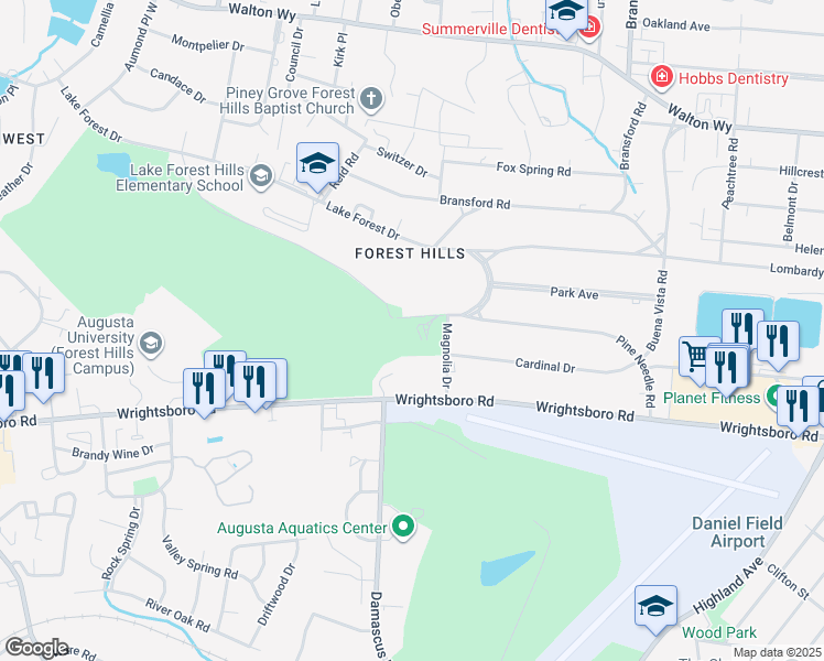 map of restaurants, bars, coffee shops, grocery stores, and more near 1401 Magnolia Drive in Augusta