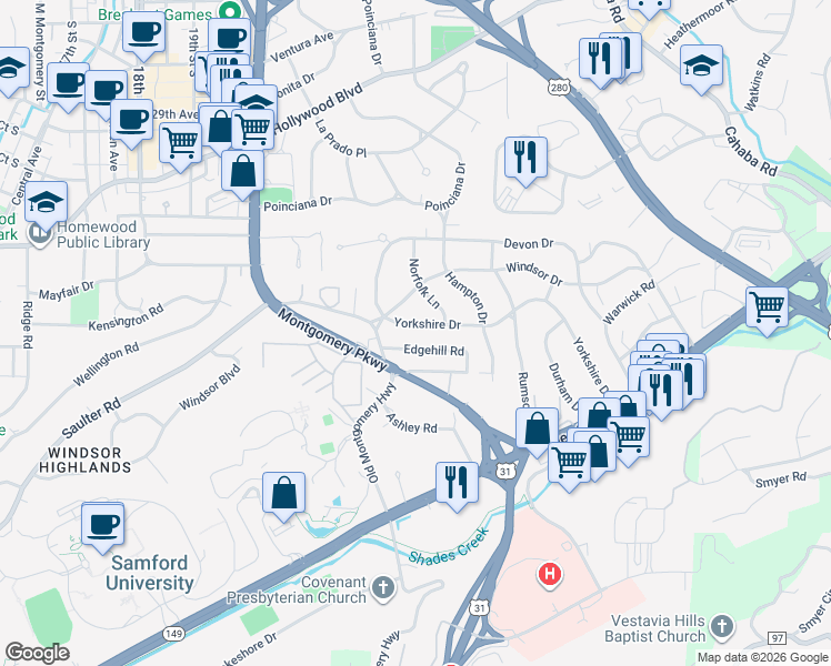map of restaurants, bars, coffee shops, grocery stores, and more near 109 Yorkshire Drive in Birmingham