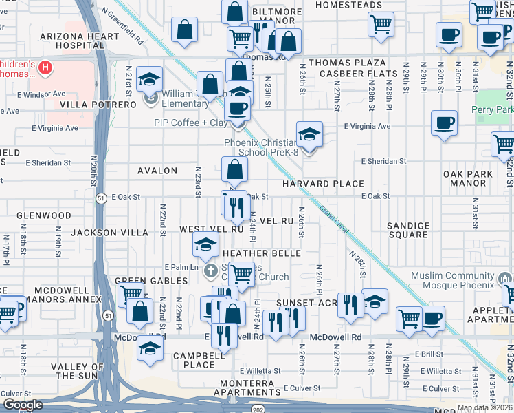 map of restaurants, bars, coffee shops, grocery stores, and more near 2219 North 24th Place in Phoenix