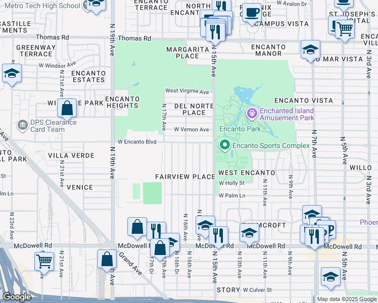 map of restaurants, bars, coffee shops, grocery stores, and more near 2241 North 16th Avenue in Phoenix