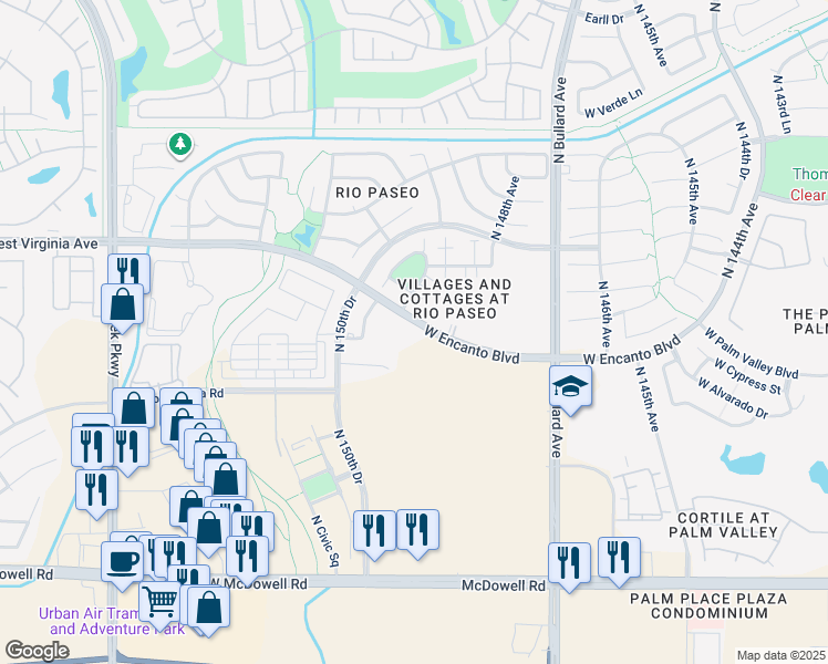 map of restaurants, bars, coffee shops, grocery stores, and more near 14965 West Encanto Boulevard in Goodyear