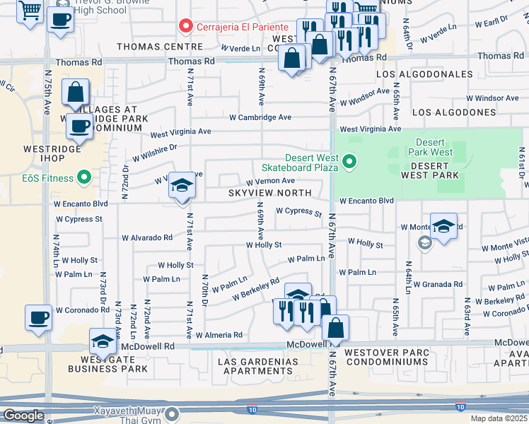 map of restaurants, bars, coffee shops, grocery stores, and more near 2237 North 69th Avenue in Phoenix