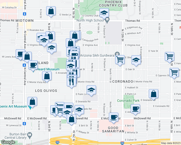 map of restaurants, bars, coffee shops, grocery stores, and more near 2238 N 9th St in Phoenix