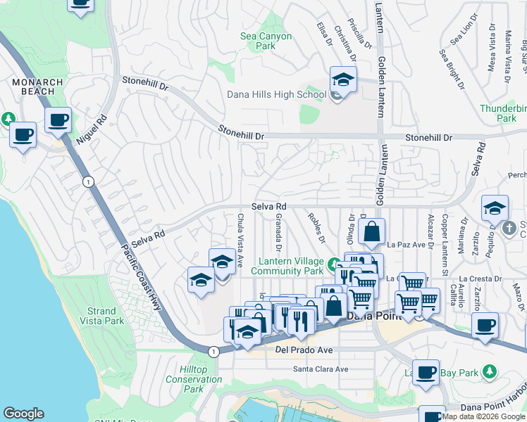 map of restaurants, bars, coffee shops, grocery stores, and more near 24331 Pasto Road in Dana Point