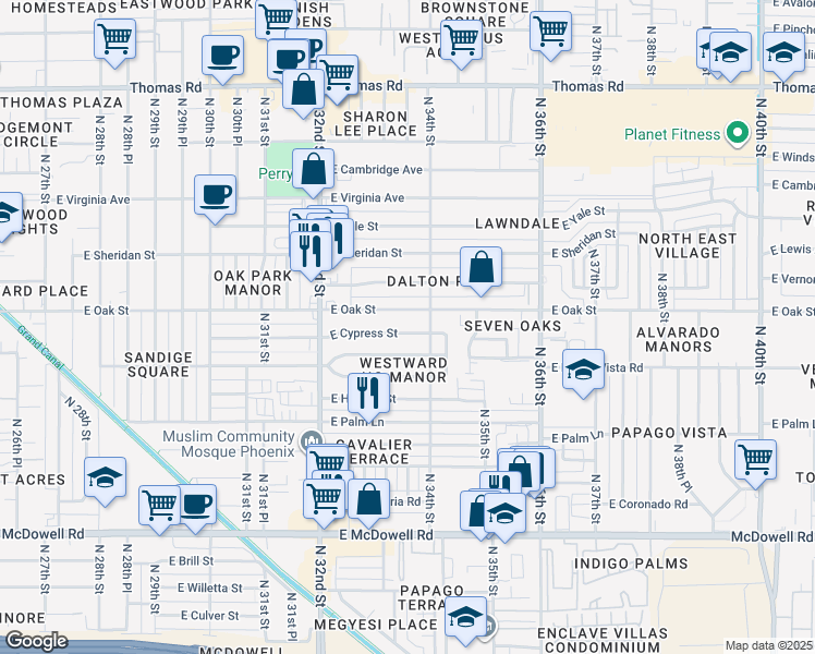 map of restaurants, bars, coffee shops, grocery stores, and more near 3330 East Cypress Street in Phoenix