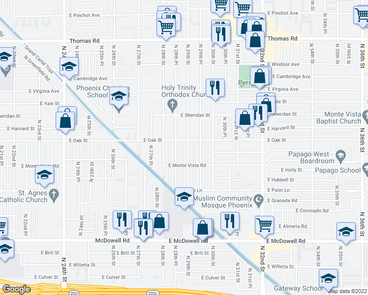 map of restaurants, bars, coffee shops, grocery stores, and more near 2236 North 29th Street in Phoenix