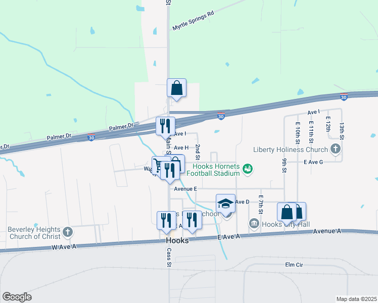 map of restaurants, bars, coffee shops, grocery stores, and more near 705 East 2nd Street in Hooks