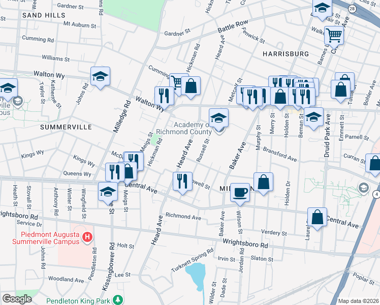 map of restaurants, bars, coffee shops, grocery stores, and more near 956 Heard Avenue in Augusta