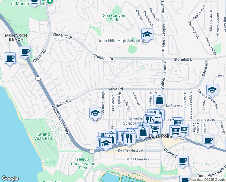 map of restaurants, bars, coffee shops, grocery stores, and more near 24331 Pasto Road in Dana Point