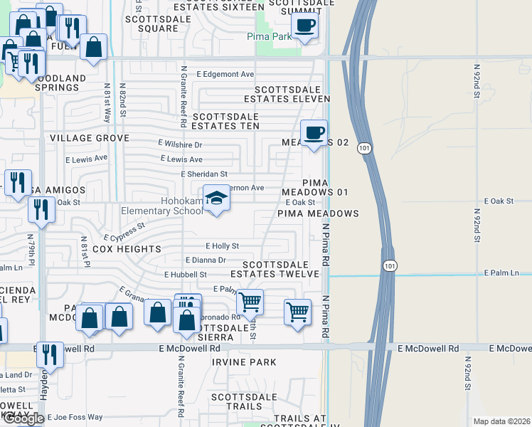 map of restaurants, bars, coffee shops, grocery stores, and more near 8666 East Cypress Street in Scottsdale