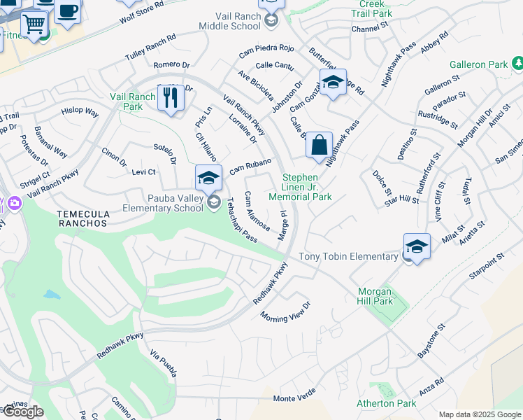 map of restaurants, bars, coffee shops, grocery stores, and more near 44883 Melissa Circle in Temecula