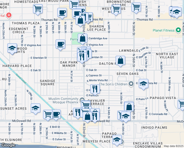 map of restaurants, bars, coffee shops, grocery stores, and more near 3244 East Cypress Street in Phoenix