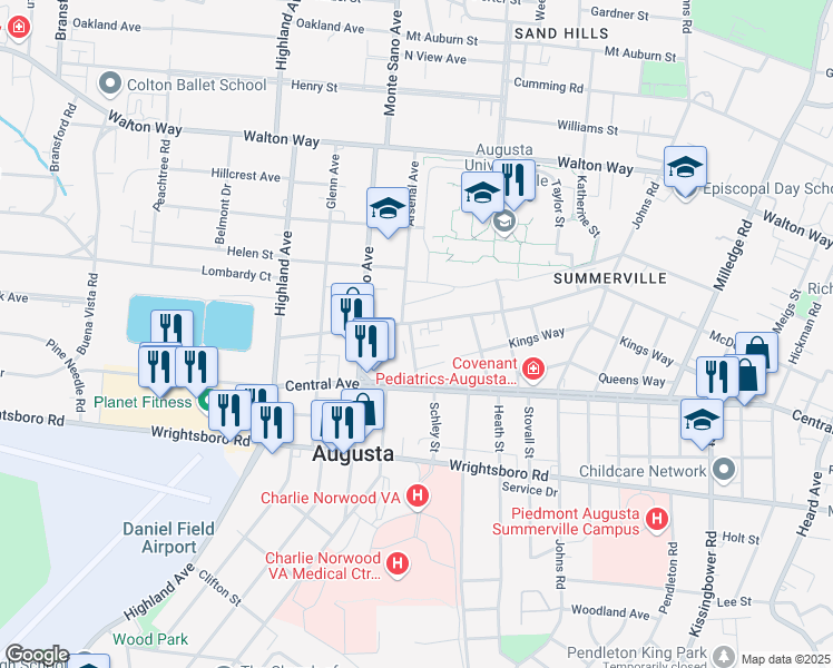 map of restaurants, bars, coffee shops, grocery stores, and more near 1402B Arsenal Avenue in Augusta