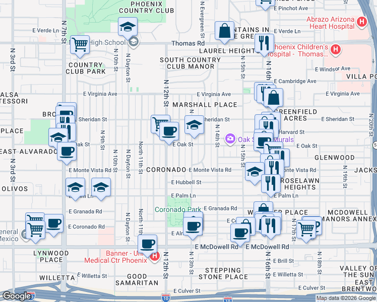 map of restaurants, bars, coffee shops, grocery stores, and more near 2236 North 13th Street in Phoenix