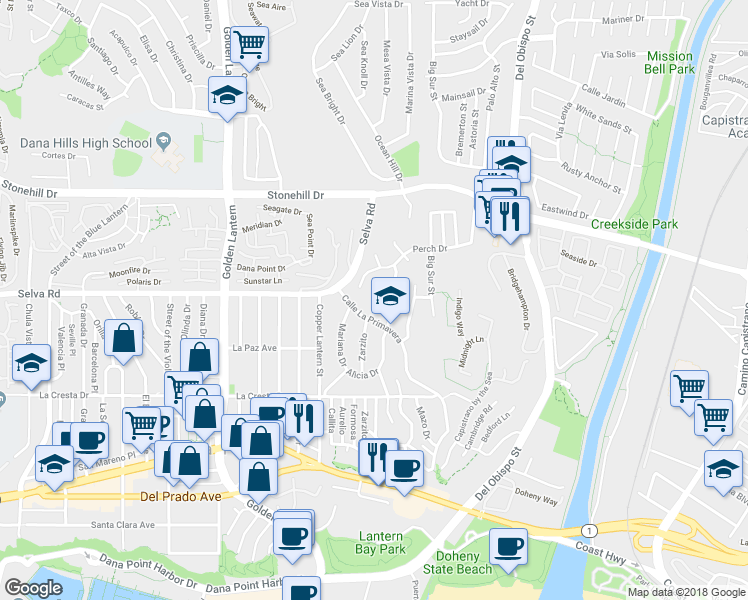 map of restaurants, bars, coffee shops, grocery stores, and more near 25121 Via Pacifica in Dana Point