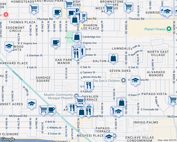 map of restaurants, bars, coffee shops, grocery stores, and more near 3244 East Cypress Street in Phoenix