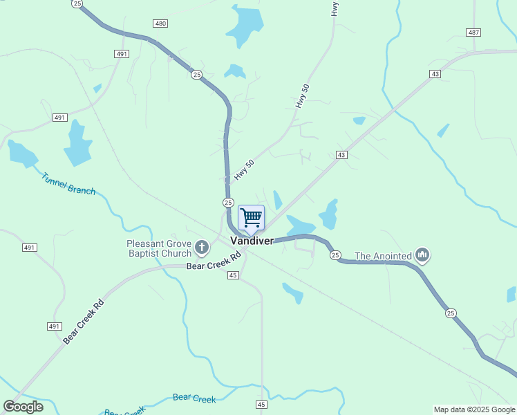 map of restaurants, bars, coffee shops, grocery stores, and more near 12071 County Road 43 in Vandiver