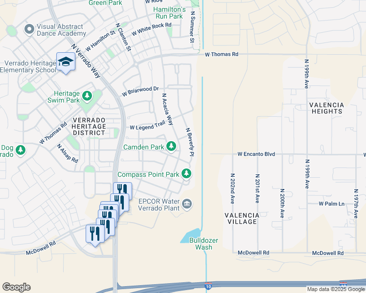 map of restaurants, bars, coffee shops, grocery stores, and more near 2323 North Acacia Way in Buckeye