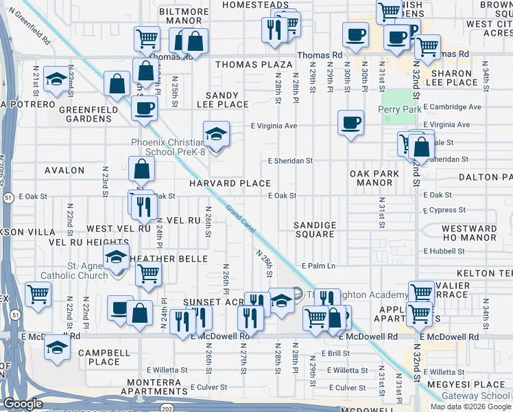 map of restaurants, bars, coffee shops, grocery stores, and more near 2230 N 27th Pl in Phoenix