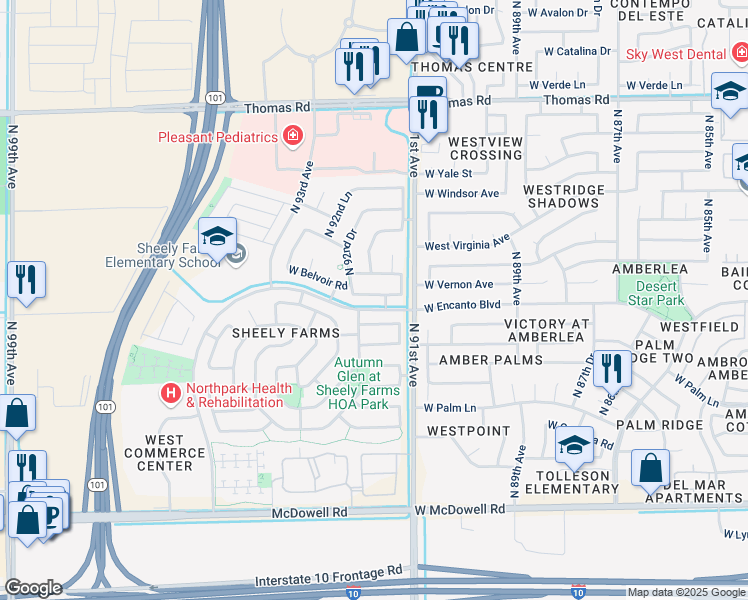 map of restaurants, bars, coffee shops, grocery stores, and more near 9137 West Vernon Avenue in Phoenix