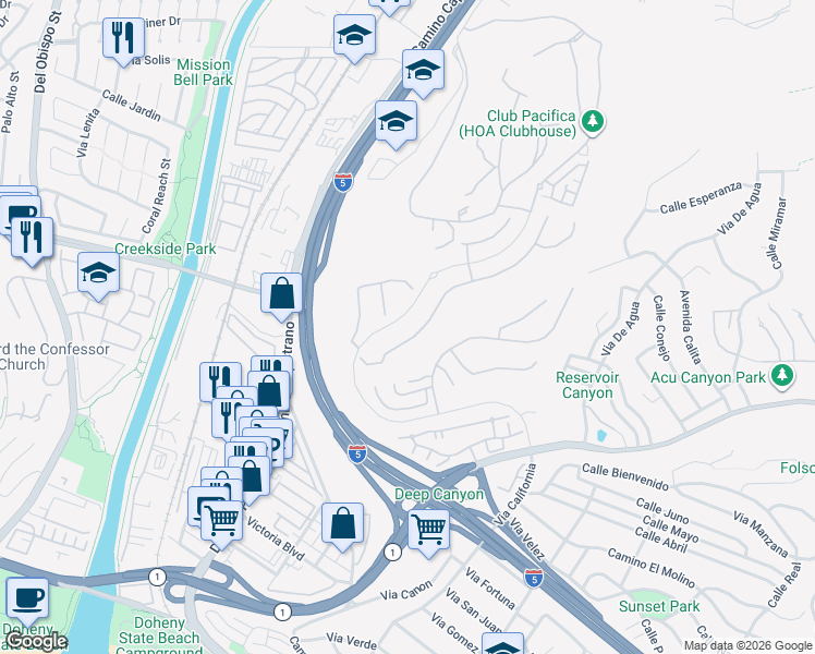 map of restaurants, bars, coffee shops, grocery stores, and more near 33861 Paseo Eternidad in San Juan Capistrano