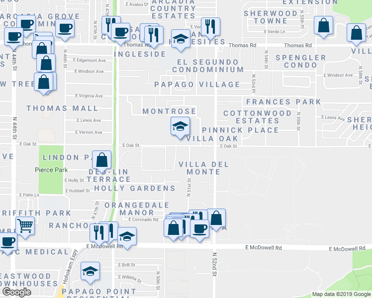 map of restaurants, bars, coffee shops, grocery stores, and more near 5035 East Oak Street in Phoenix