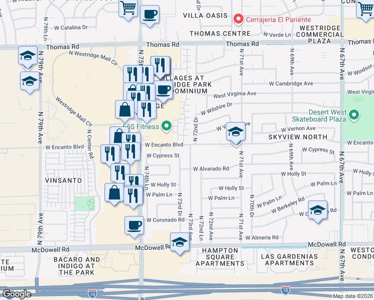 map of restaurants, bars, coffee shops, grocery stores, and more near 2238 North 73rd Avenue in Phoenix