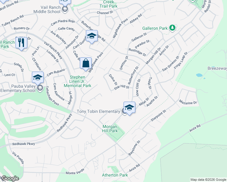 map of restaurants, bars, coffee shops, grocery stores, and more near 45038 Silver Rose Street in Temecula